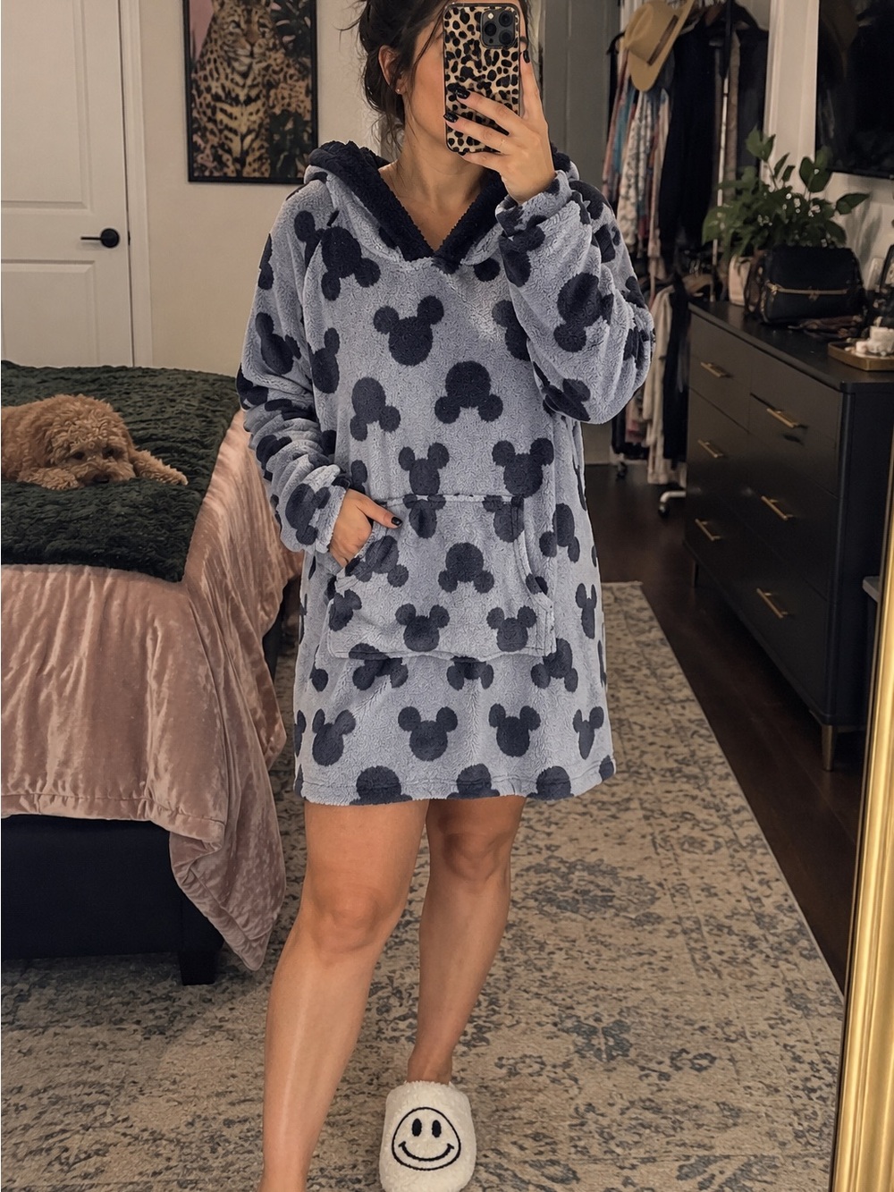 Disney Plush Hooded Lounge Dress in Light Blue with Navy Mickey Print
